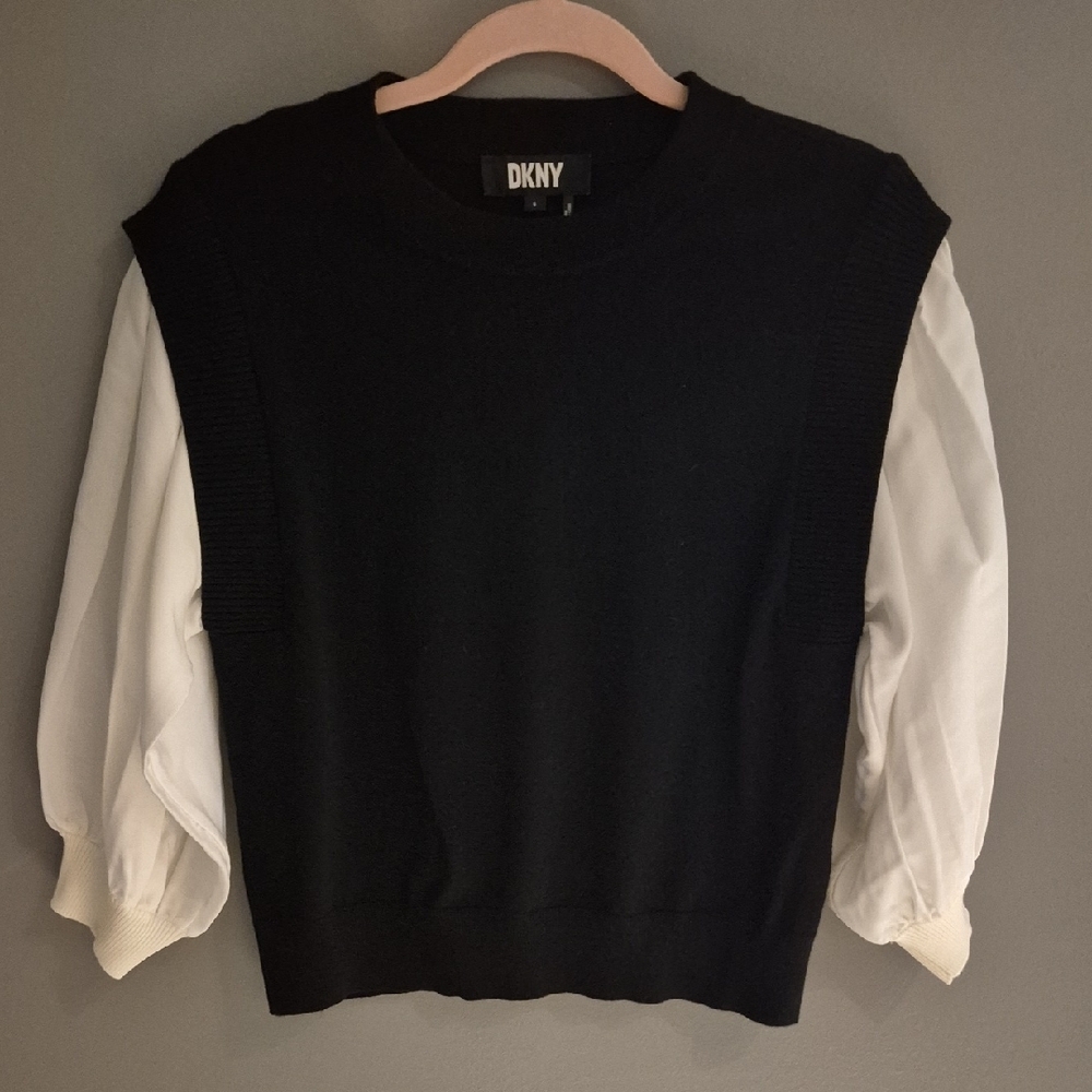 DKNY Black and White Sweater with Puff Sleeves